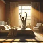 Image of a person stretching as they wake up with sunrise light – resisting sleep for spiritual health checks