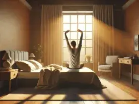 Image of a person stretching as they wake up with sunrise light – resisting sleep for spiritual health checks