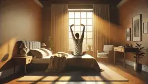 Image of a person stretching as they wake up with sunrise light – resisting sleep for spiritual health checks