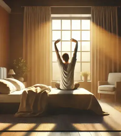 Image of a person stretching as they wake up with sunrise light – resisting sleep for spiritual health checks