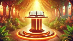 A glowing Godly altar with an open Bible, symbolizing divine presence and peace.