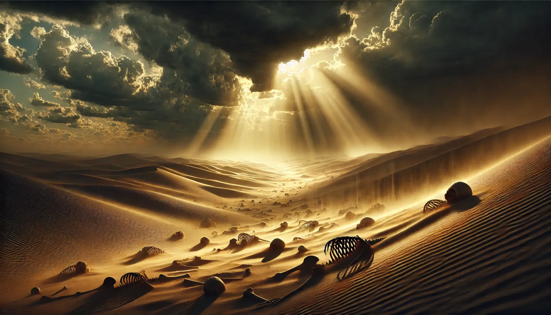 A barren valley of dry bones illuminated by golden light, symbolizing resurrection and hope for lost dreams.