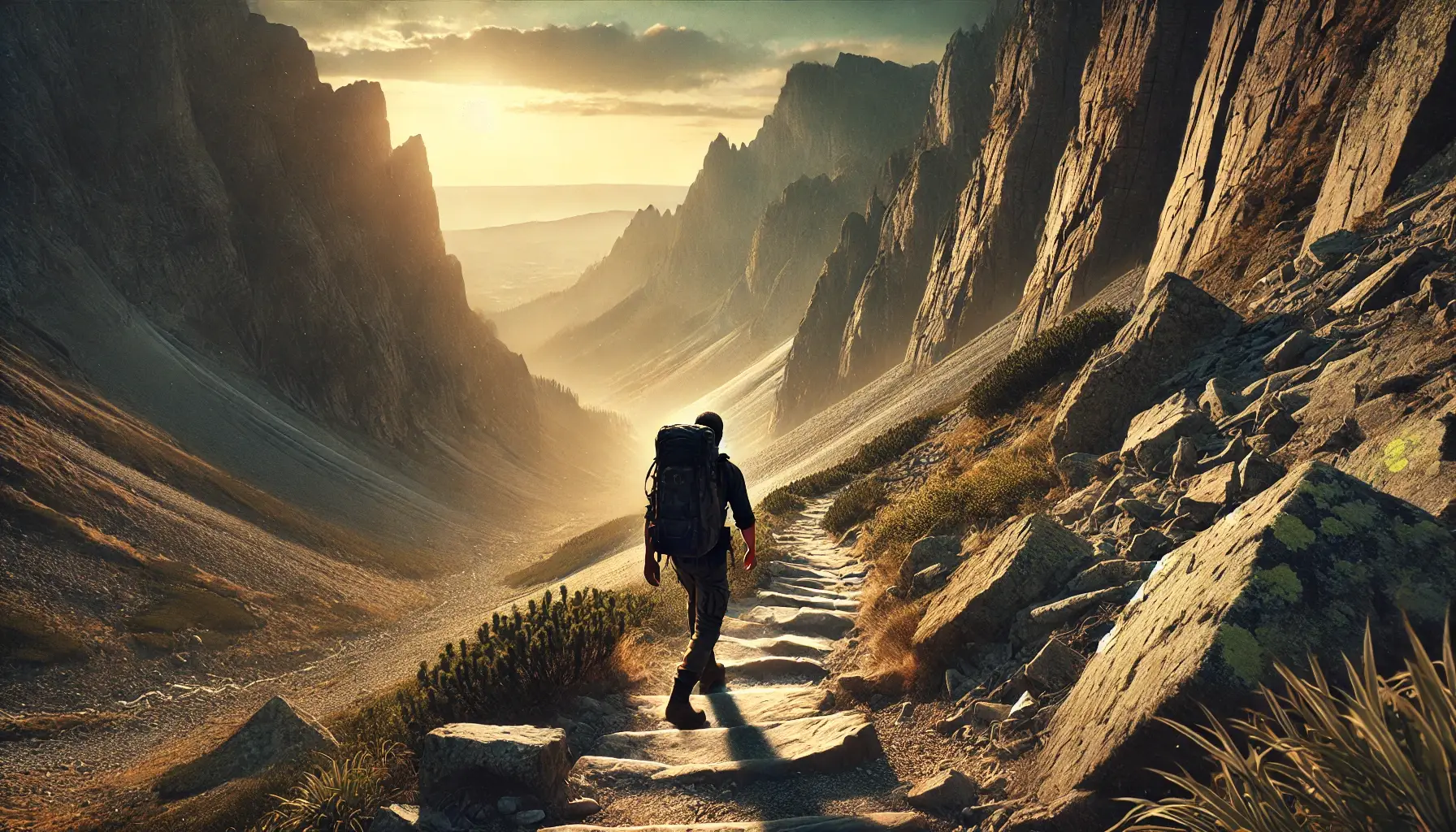 A hiker climbing a mountain trail with a glowing horizon, symbolizing hope and moving forward in faith.