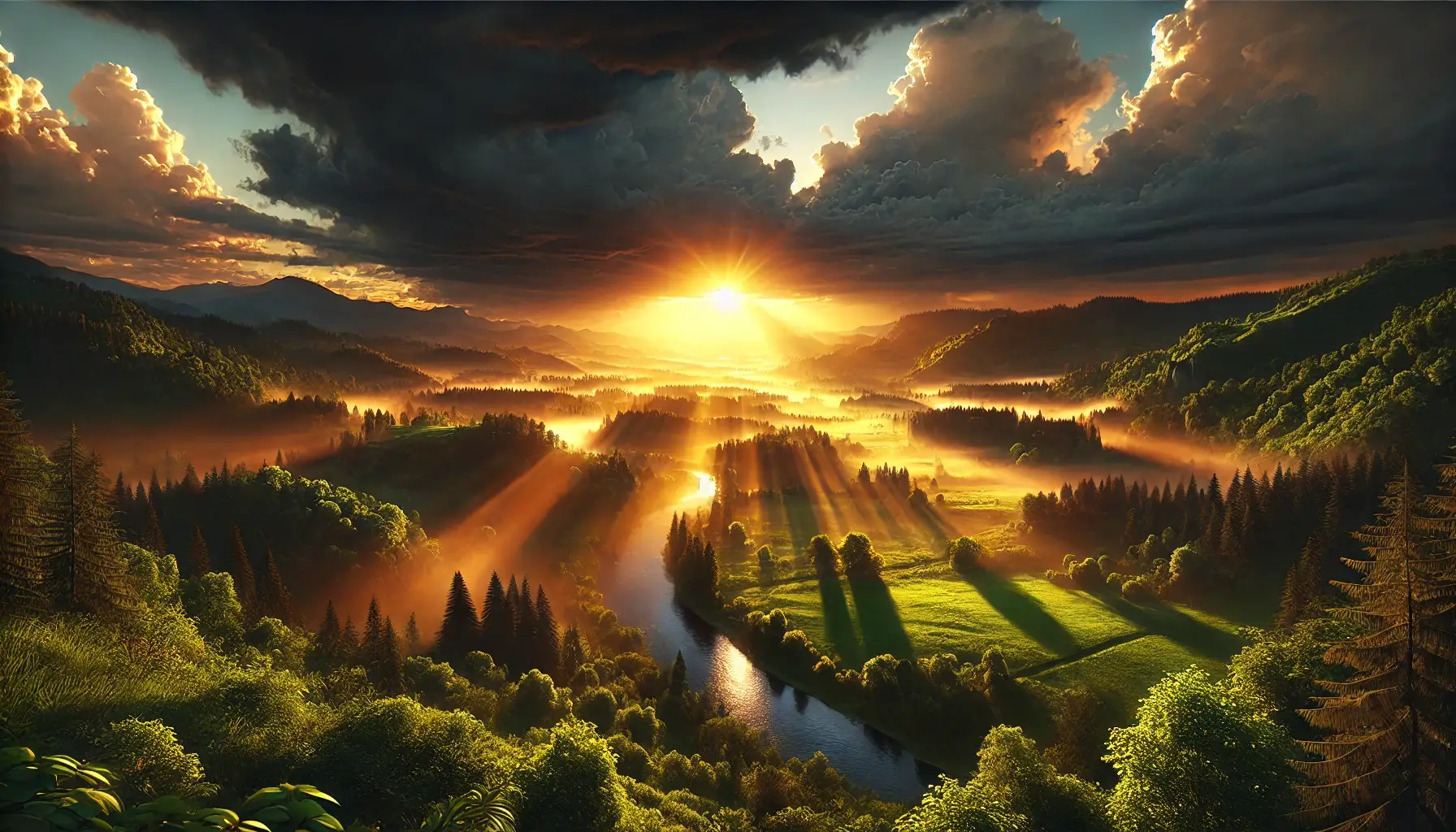 A radiant sunrise over a green valley, symbolizing hope, resurrection, and the restoration of dreams.