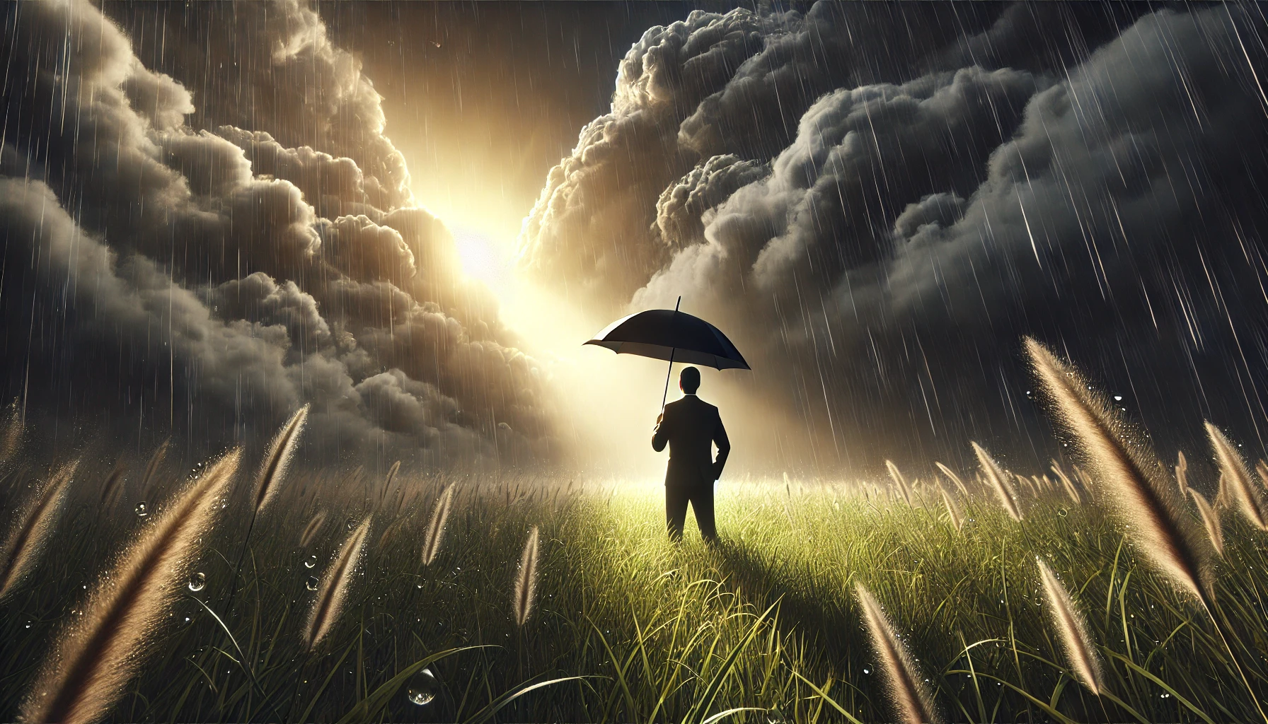  Person standing in a storm with sunlight breaking through (Resilience and Joy in Trials)