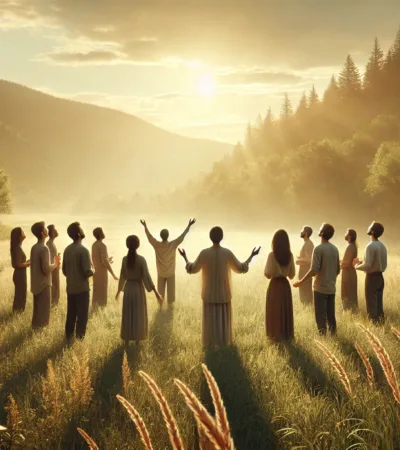 Group of people worshiping in nature (Joy in Worship and Connection)