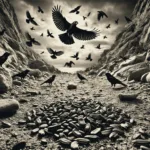 Post 1 featuring black, mean-looking birds hovering over a rocky path with scattered seeds.