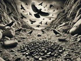 Post 1 featuring black, mean-looking birds hovering over a rocky path with scattered seeds.