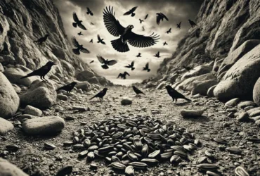 Post 1 featuring black, mean-looking birds hovering over a rocky path with scattered seeds.