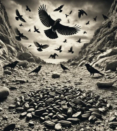 Post 1 featuring black, mean-looking birds hovering over a rocky path with scattered seeds.