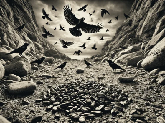 Post 1 featuring black, mean-looking birds hovering over a rocky path with scattered seeds.
