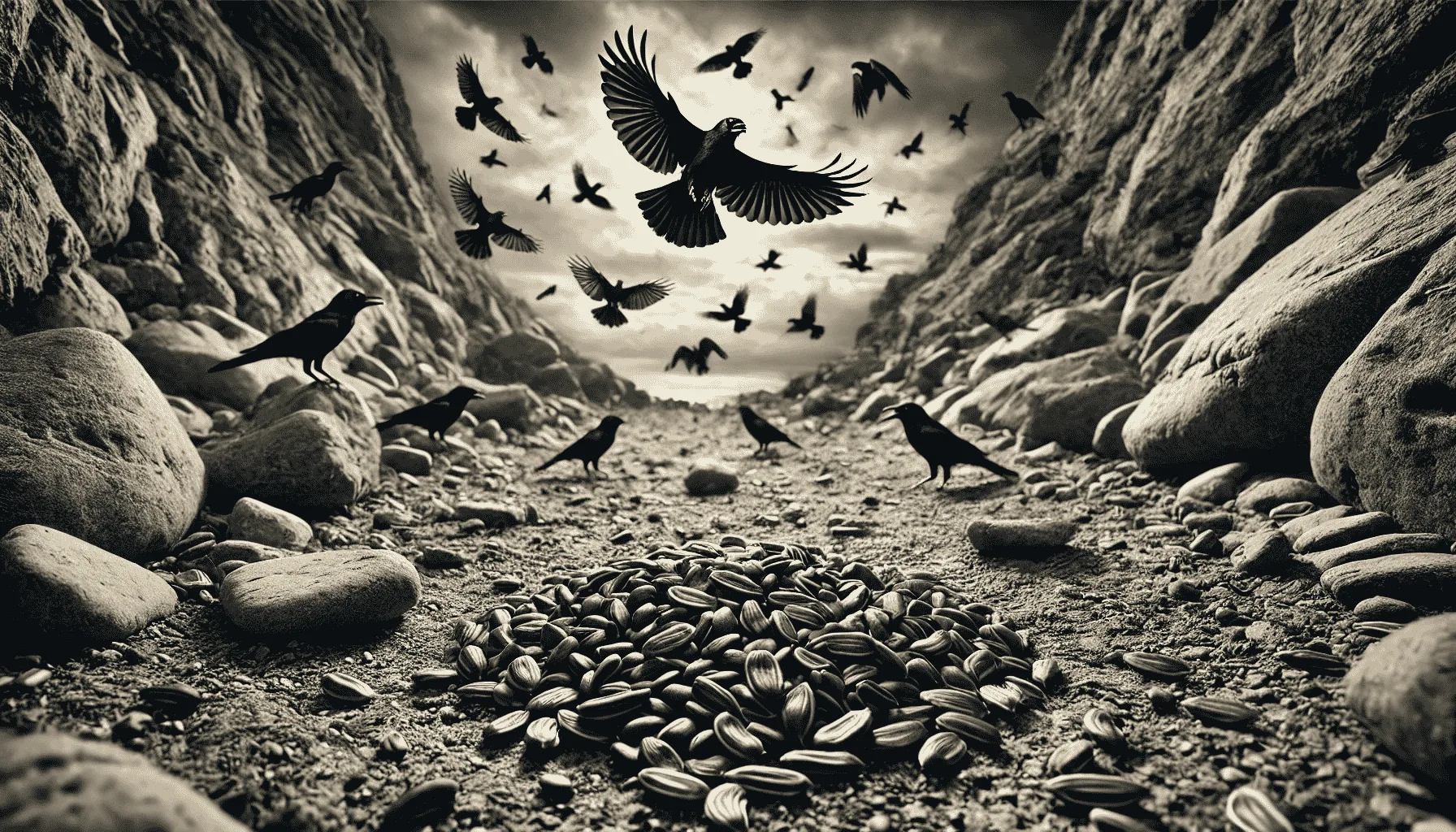 Post 1 featuring black, mean-looking birds hovering over a rocky path with scattered seeds.