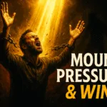 Photorealistic thumbnail of a believer praying fervently with hands lifted, golden beams of light shattering dark chains, symbolic of mounting spiritual pressure and breakthrough, with bold text overlay ‘Mount Pressure & Win
