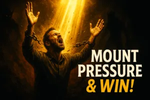 Photorealistic thumbnail of a believer praying fervently with hands lifted, golden beams of light shattering dark chains, symbolic of mounting spiritual pressure and breakthrough, with bold text overlay ‘Mount Pressure & Win