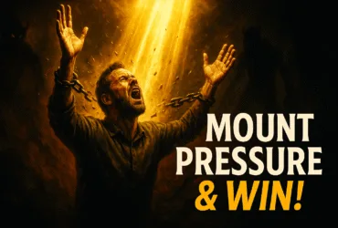 Photorealistic thumbnail of a believer praying fervently with hands lifted, golden beams of light shattering dark chains, symbolic of mounting spiritual pressure and breakthrough, with bold text overlay ‘Mount Pressure & Win