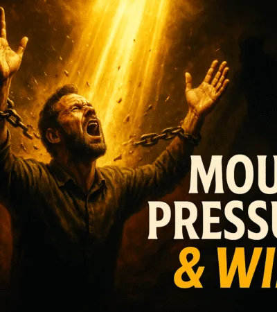 Photorealistic thumbnail of a believer praying fervently with hands lifted, golden beams of light shattering dark chains, symbolic of mounting spiritual pressure and breakthrough, with bold text overlay ‘Mount Pressure & Win