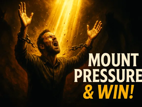 Photorealistic thumbnail of a believer praying fervently with hands lifted, golden beams of light shattering dark chains, symbolic of mounting spiritual pressure and breakthrough, with bold text overlay ‘Mount Pressure & Win
