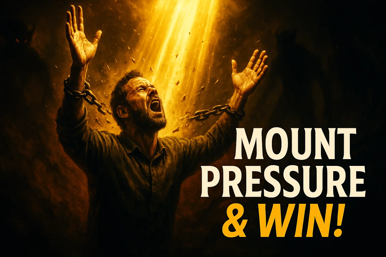 Photorealistic thumbnail of a believer praying fervently with hands lifted, golden beams of light shattering dark chains, symbolic of mounting spiritual pressure and breakthrough, with bold text overlay ‘Mount Pressure & Win