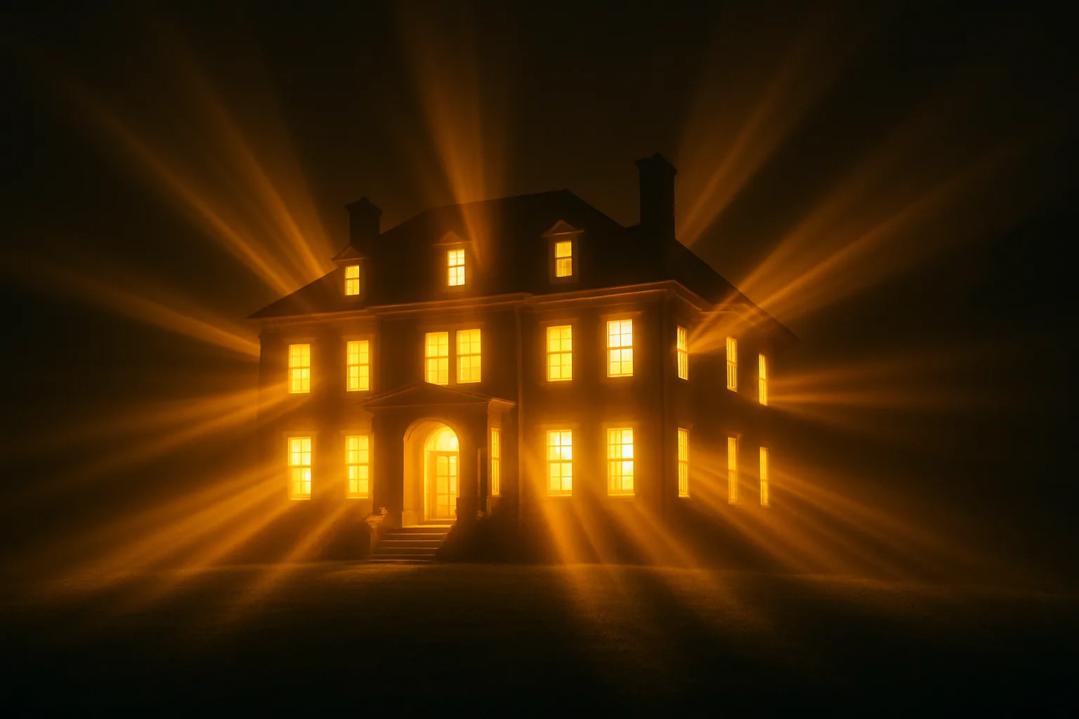 Photorealistic symbolic image of a mansion with light beaming out of every room, representing dominion through spiritual light
