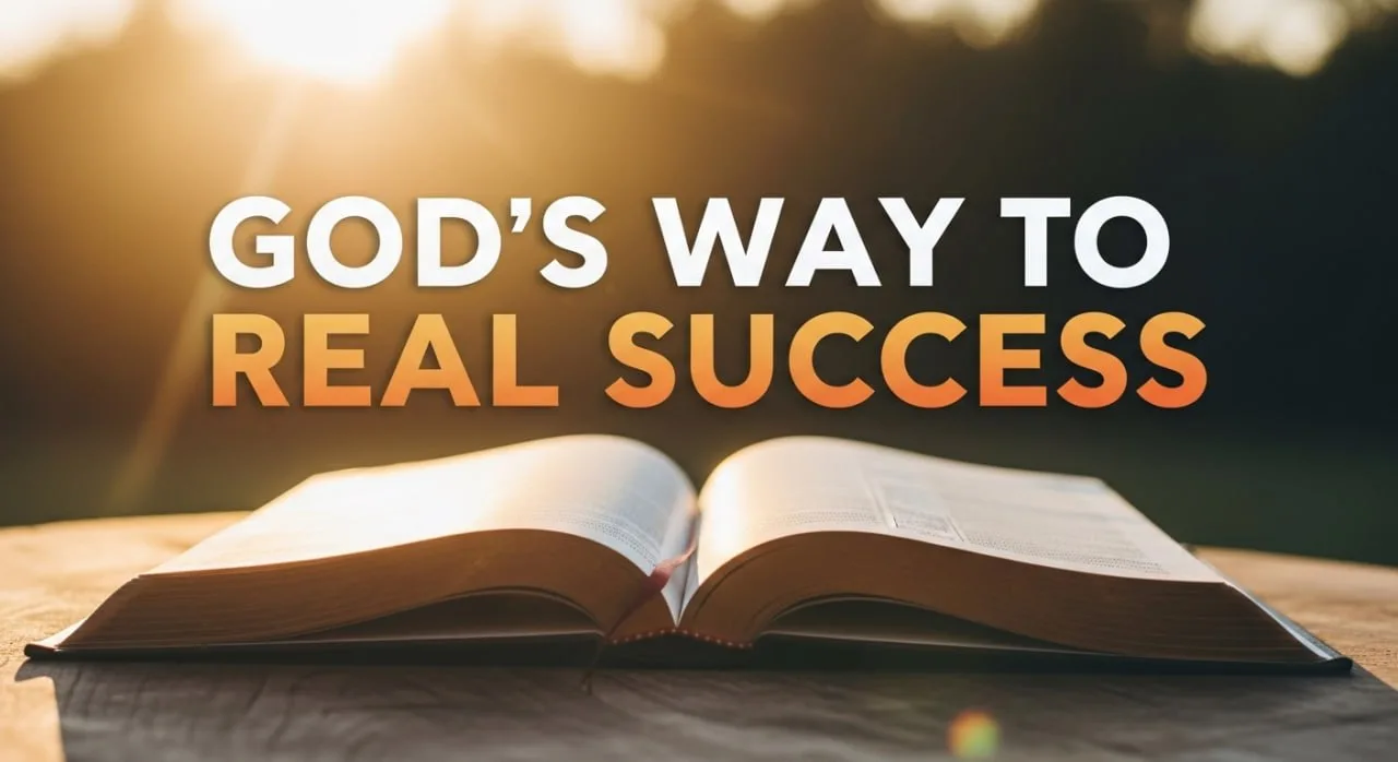 An open Bible with sunlight shining on it and the words ‘God’s Way to Real Success’ above, symbolizing spiritual guidance to divine success.