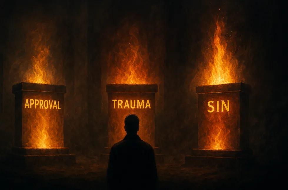 Hidden altars in your life represented by three glowing altars of approval, trauma and sin