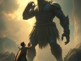 Killing the Giant faith overcome - young warrior facing towering opponent with faith