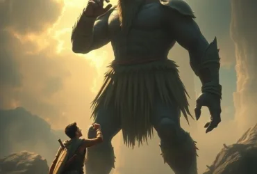 Killing the Giant faith overcome - young warrior facing towering opponent with faith