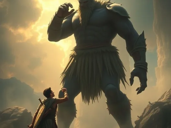 Killing the Giant faith overcome - young warrior facing towering opponent with faith