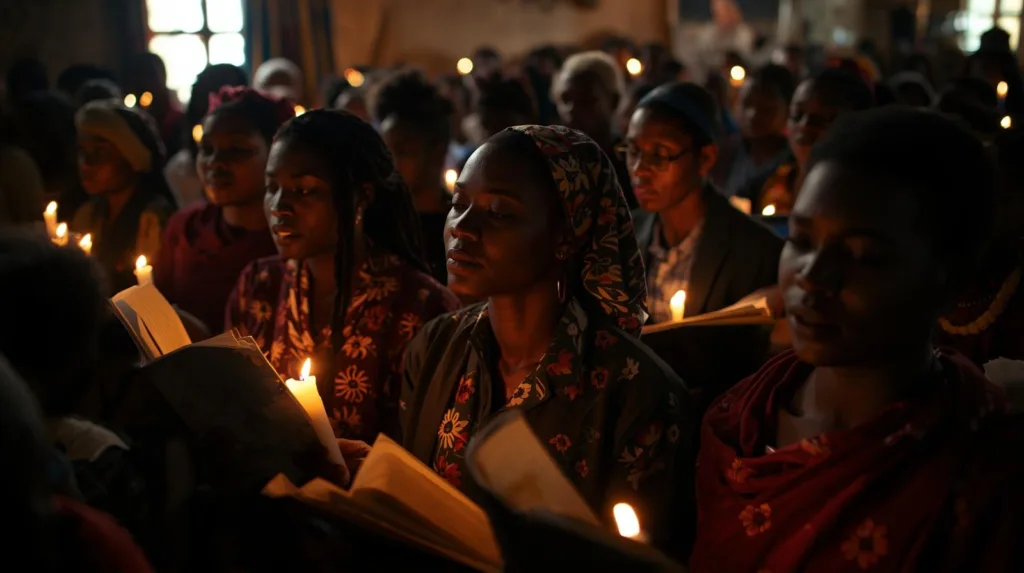 Nigerian Church persecution - Christians praying with candles during night vigil for persecuted believers