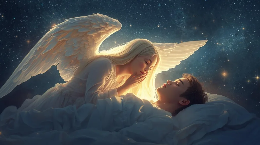 A radiant angel hovering near a sleeping person, whispering divine messages while stars sparkle around, representing God speaking through dreams.