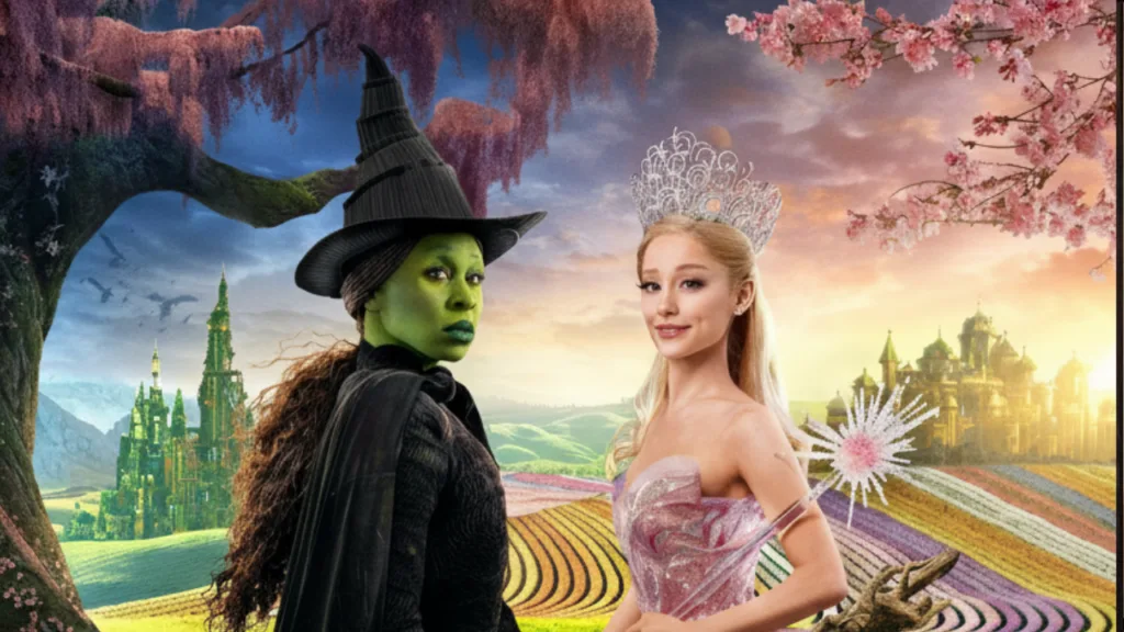 Fantasy movie poster showing a green-skinned witch in black and a blonde princess in a pink gown standing face to face in a bright, colorful land with a distant emerald city.”