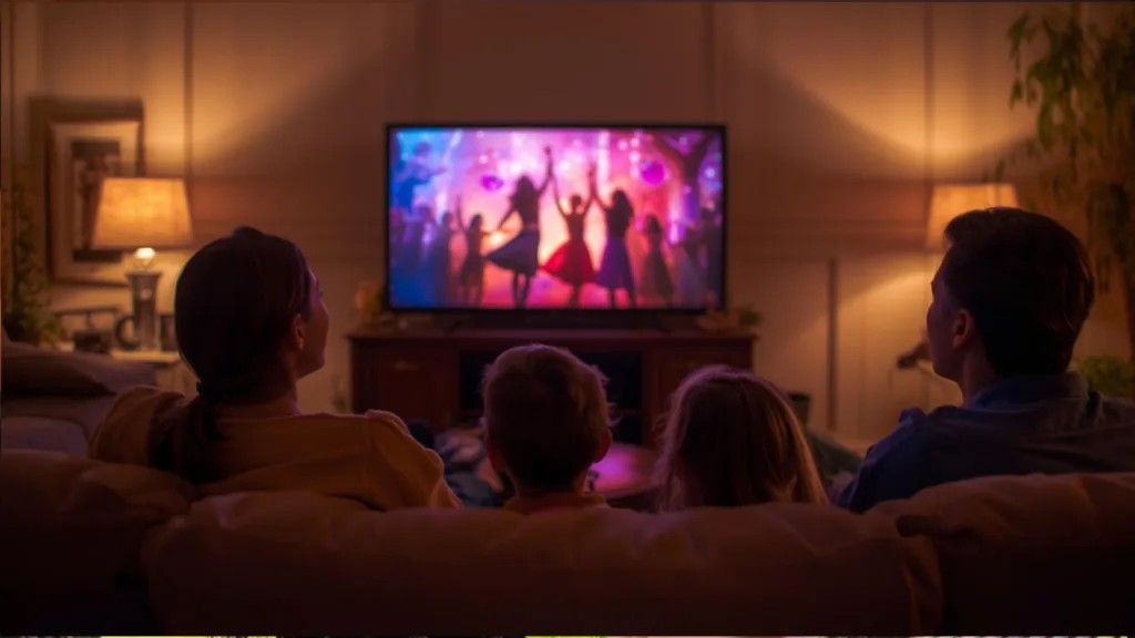 image of a family watching a fantasy movie of people dancing and singing on tv 