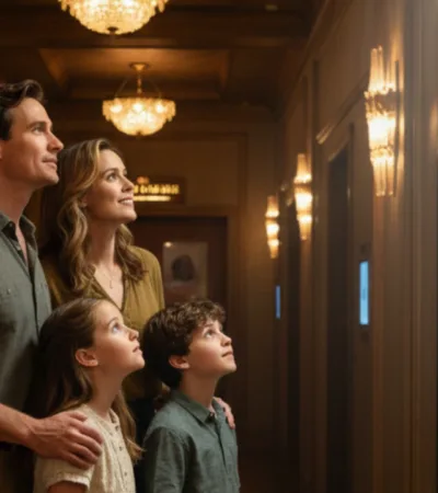 A Family looking at the movie poster at the cinema