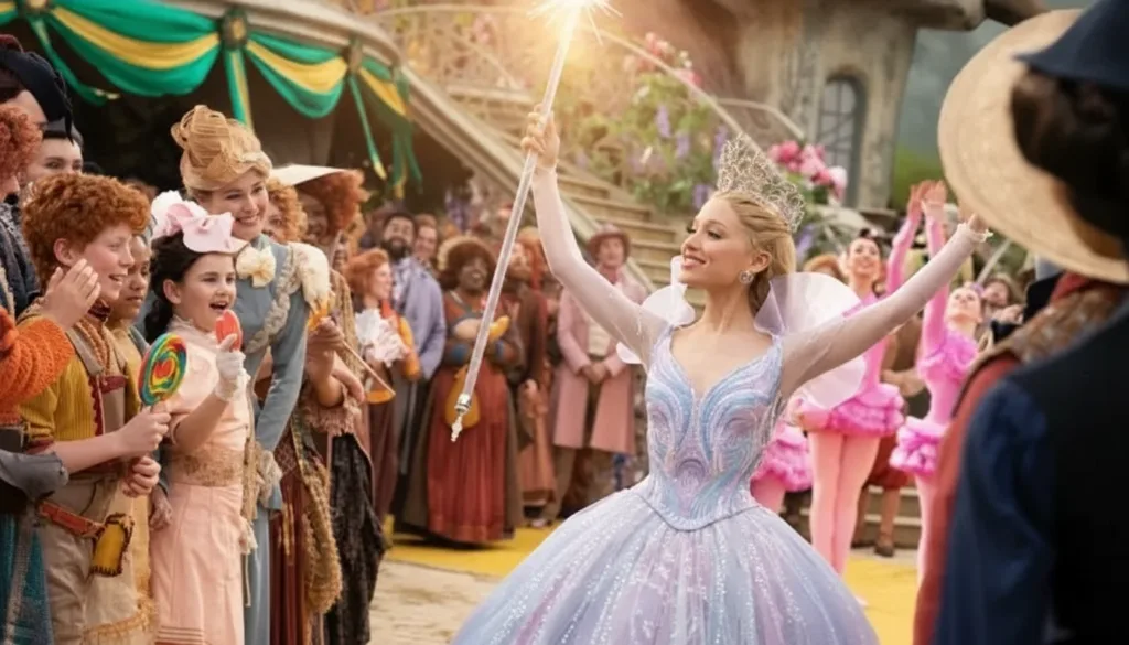 Fantasy ballroom filled with dancers, featuring a green-skinned witch in black and a blonde woman in a soft pink gown standing side by side in the center of the scene.”