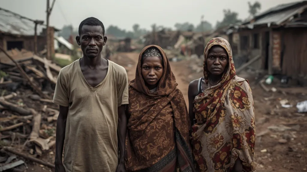 Nigerian Church persecution survivors standing in front of destroyed buildings after violent attack