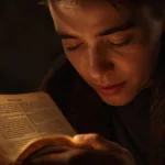 Top-down flat lay of a wooden desk with an open Bible showing Luke 14:28 highlighted, next to a simple handwritten 'Christmas Budget' notebook divided into three categories labeled 'Must-Do Costs' (with icons for food, bills, tithing), 'Joy Purchases' (family tradition heart, donation cross),