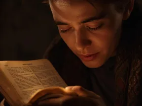 Top-down flat lay of a wooden desk with an open Bible showing Luke 14:28 highlighted, next to a simple handwritten 'Christmas Budget' notebook divided into three categories labeled 'Must-Do Costs' (with icons for food, bills, tithing), 'Joy Purchases' (family tradition heart, donation cross),