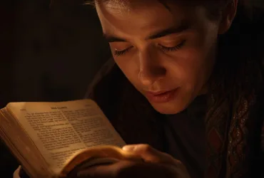 Top-down flat lay of a wooden desk with an open Bible showing Luke 14:28 highlighted, next to a simple handwritten 'Christmas Budget' notebook divided into three categories labeled 'Must-Do Costs' (with icons for food, bills, tithing), 'Joy Purchases' (family tradition heart, donation cross),