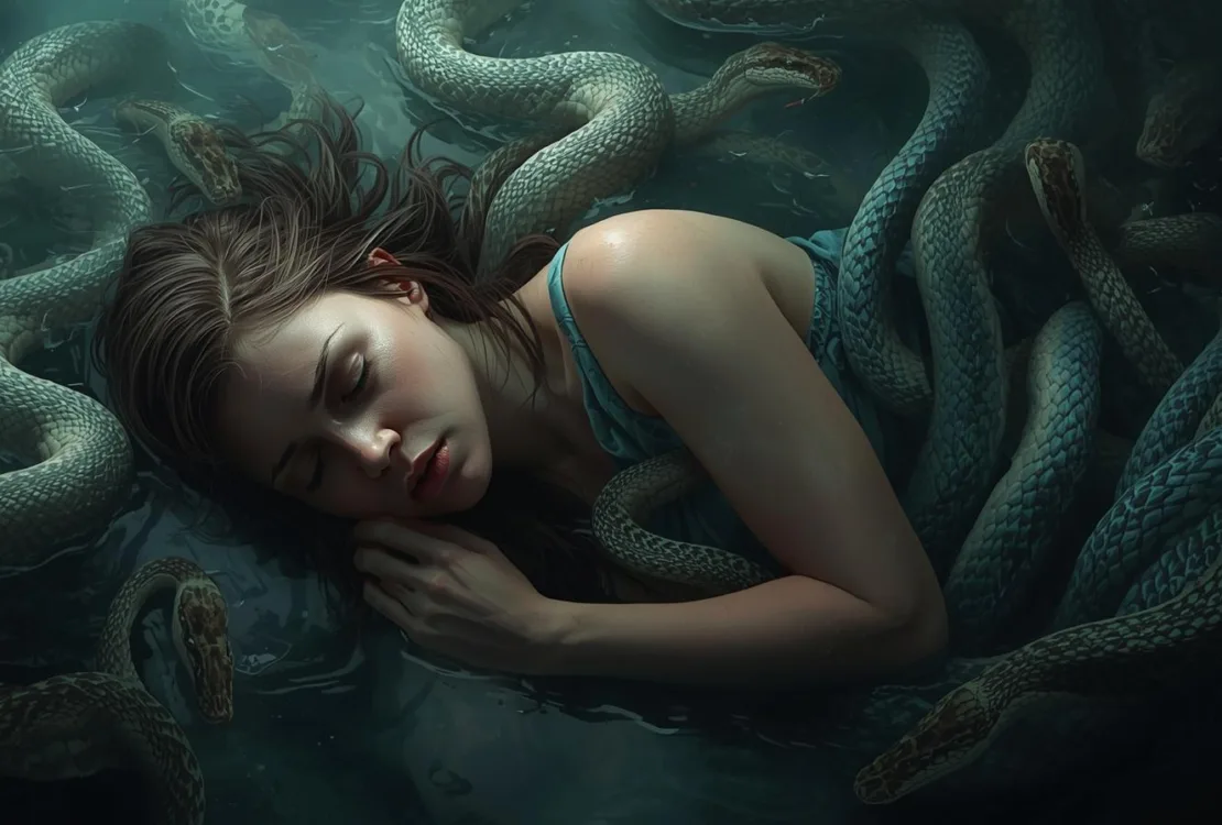 a woman sleeping with snakes aeround her