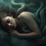 a woman sleeping with snakes aeround her