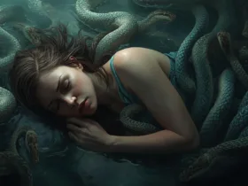 a woman sleeping with snakes aeround her