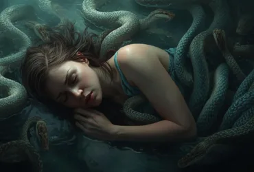 a woman sleeping with snakes aeround her