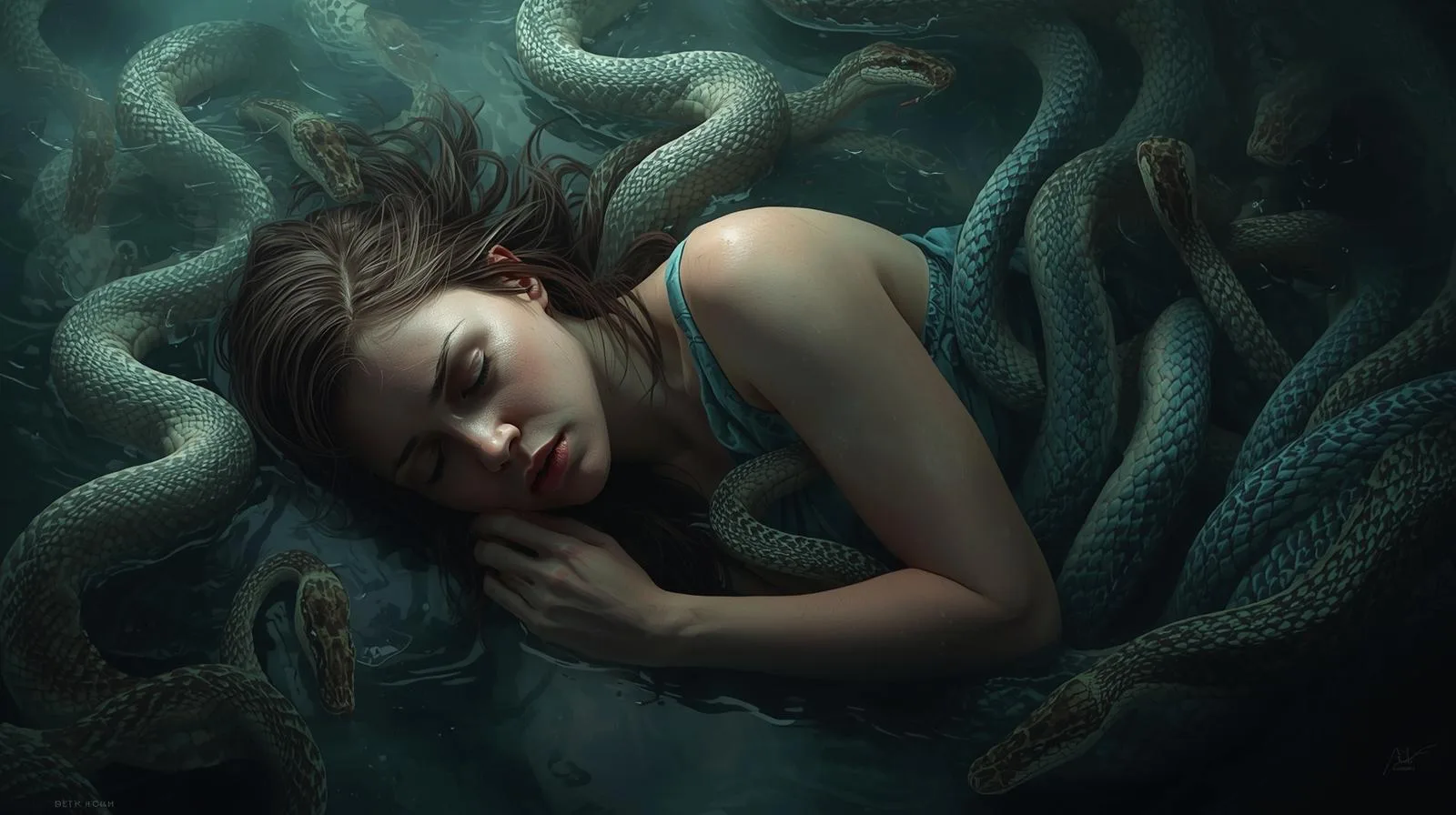 a woman sleeping with snakes aeround her
