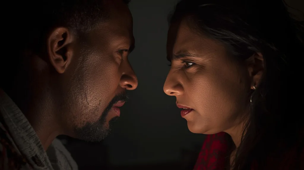 IMAGE OF HUSBAND AND WIFE ANGRY AT EACH OTHER AND TRYING TO RESOLVE AN ARGUMENT