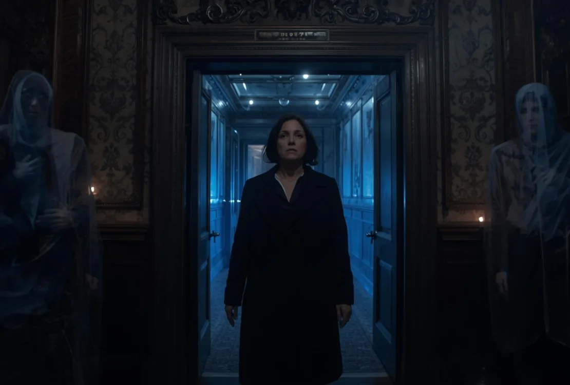 A WOMAN WALKING IN A ROOM AND BEING MONITORED BY SPIRITS