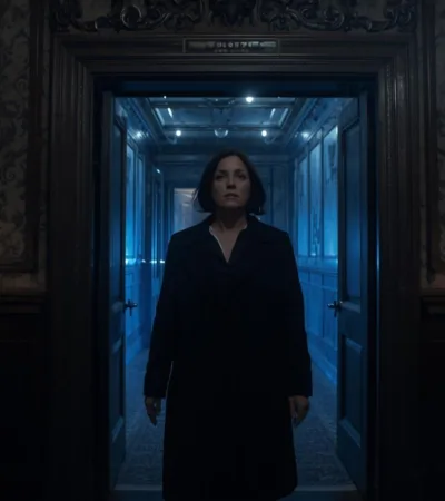 A WOMAN WALKING IN A ROOM AND BEING MONITORED BY SPIRITS