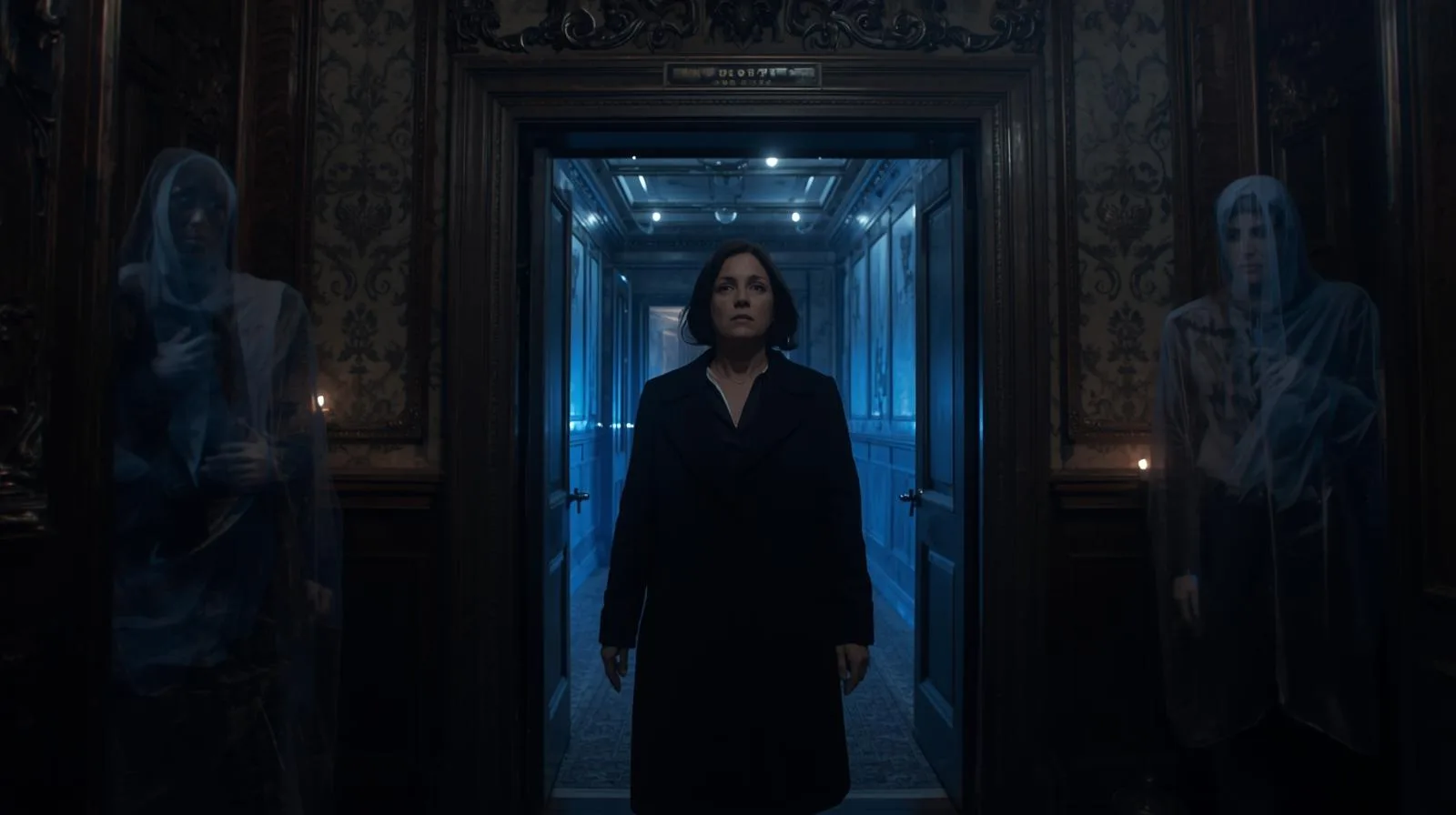 A WOMAN WALKING IN A ROOM AND BEING MONITORED BY SPIRITS