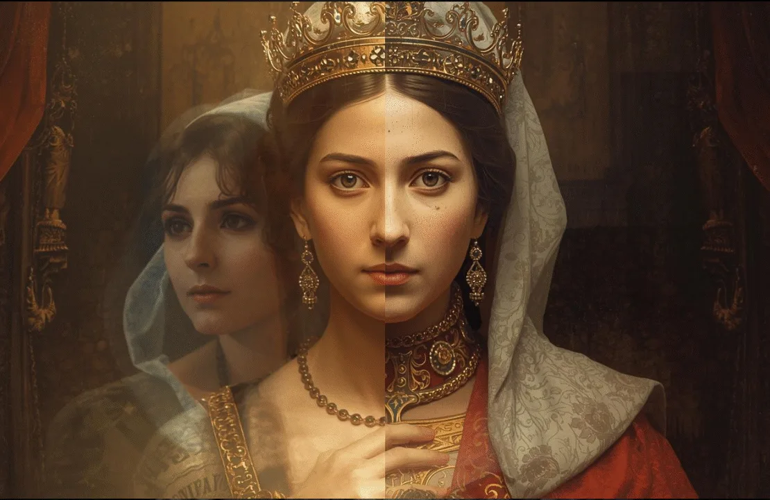 Esther as a radiant queen in royal robes and crown, both images overlapped with soft glow, symbolic art about identity,