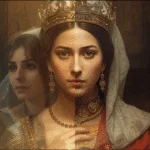 Esther as a radiant queen in royal robes and crown, both images overlapped with soft glow, symbolic art about identity,