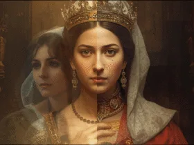 Esther as a radiant queen in royal robes and crown, both images overlapped with soft glow, symbolic art about identity,